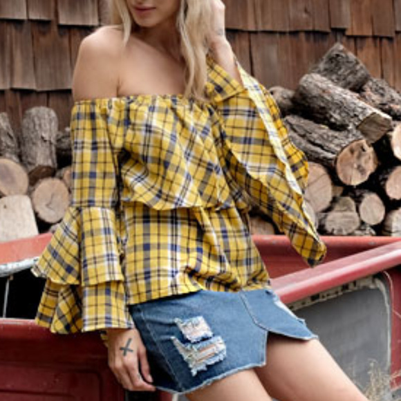 MODA ME COUTURE Tops - HAYLEY Mustard Off Shoulder Top